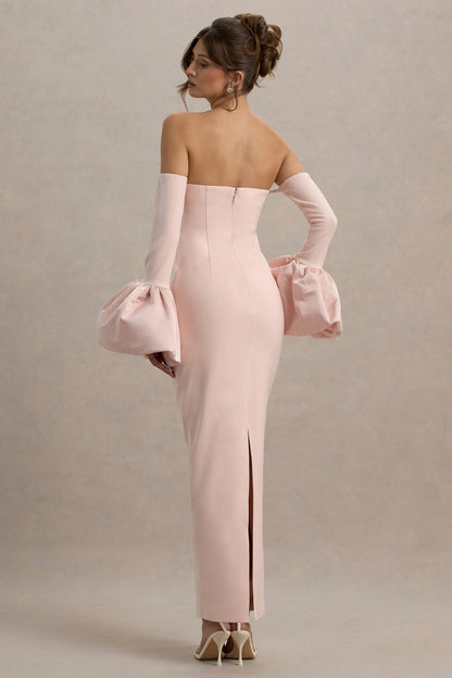 Myah Pink Bandeau Long Sleeve Maxi Dress With Puff Cuffs