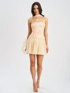 Quanisha Yellow Beaded Floral Mini Chiffon Dress with Scarf