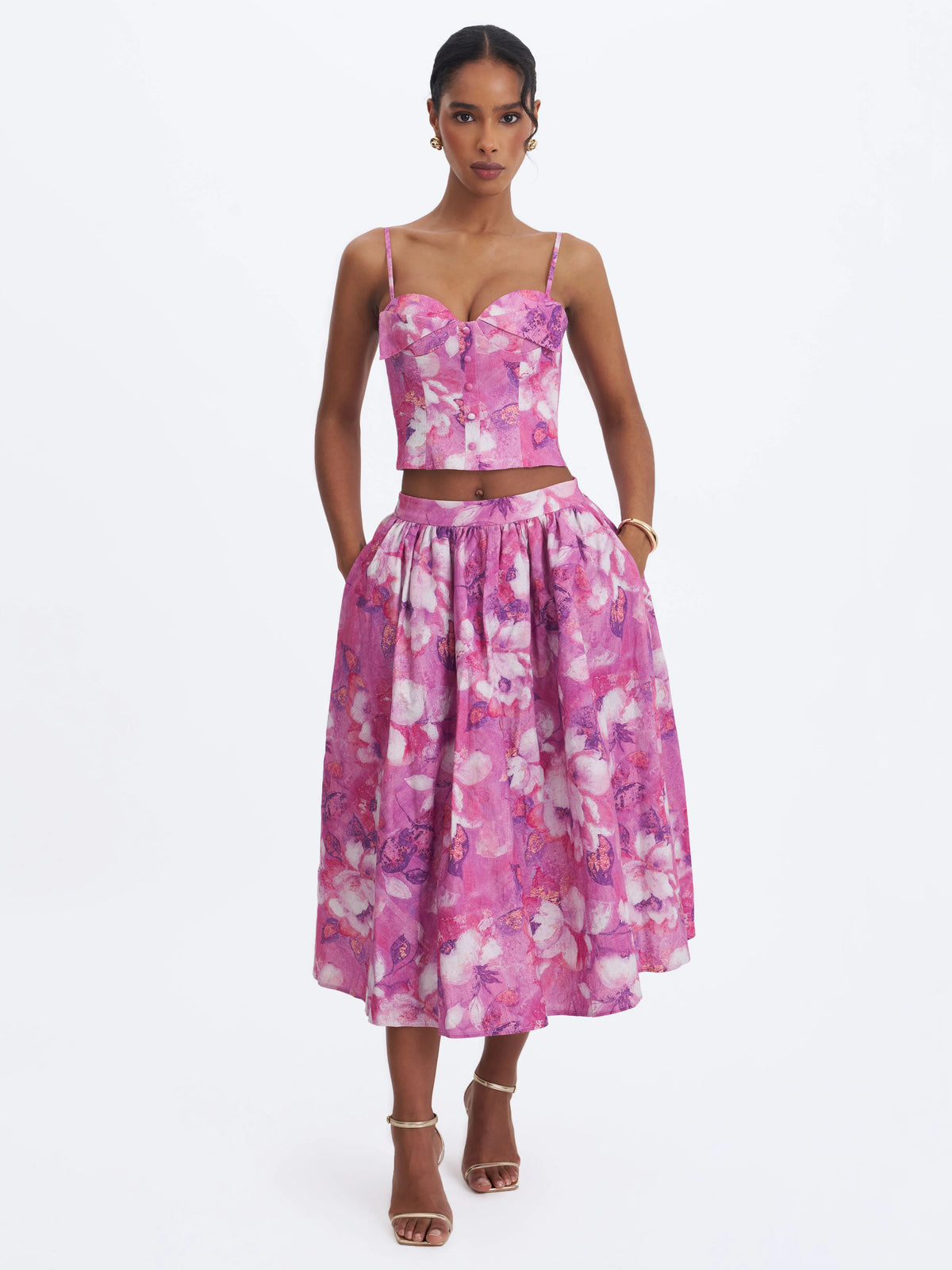 Xalina Blooming Magenta Linen Low Rise Midi Skirt