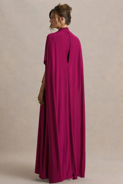 Olessia Burgundy Belted Gathered Cape Sleeve Maxi Dress