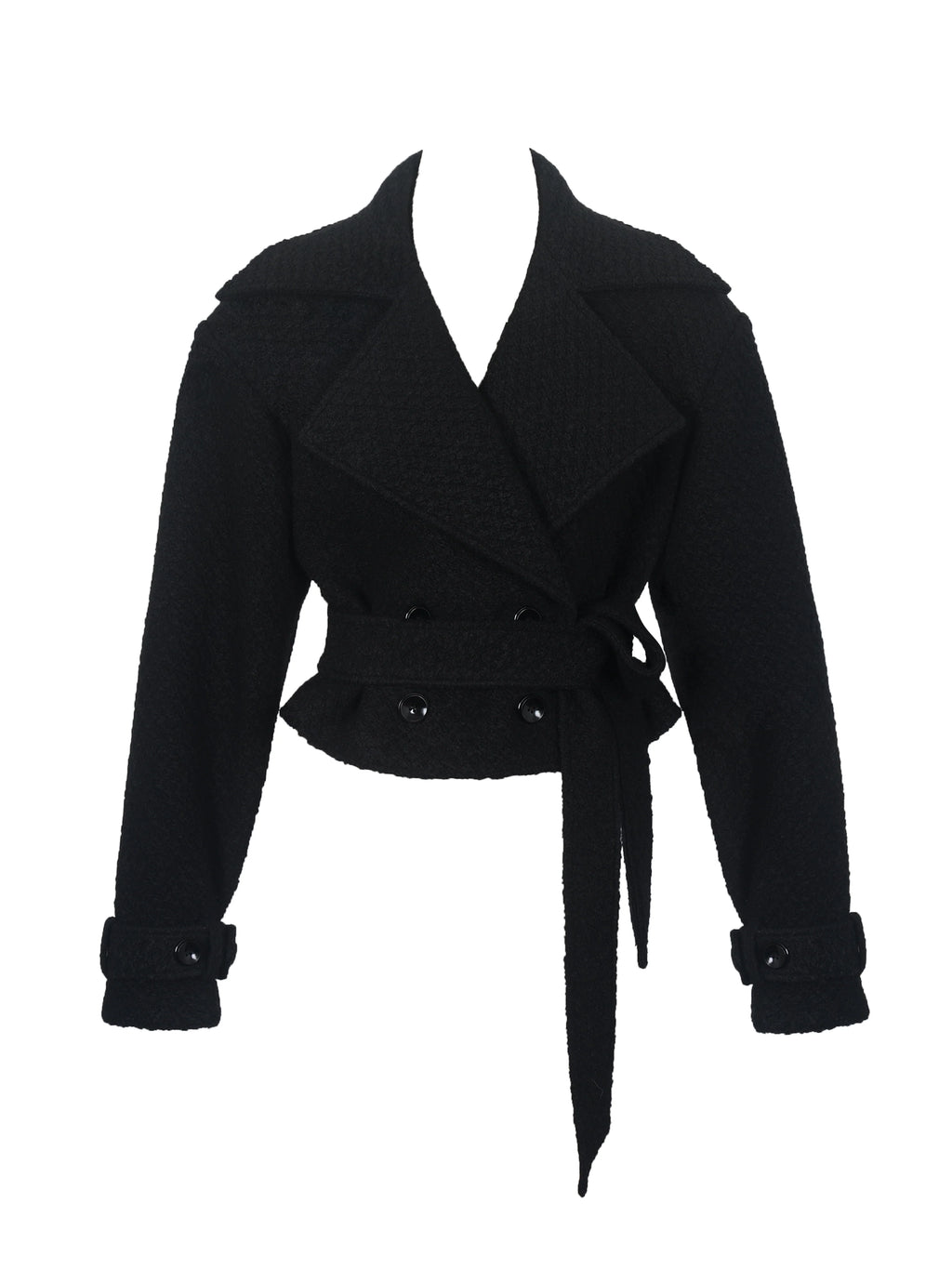 Dara Black Wool Blend Cropped Double Breasted Belted Coat