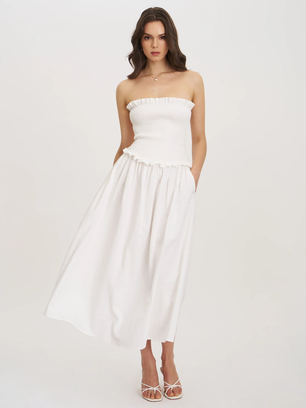 Quadiya White Cotton Seersucker Smocked Strapless Midi Dress Archive Sale