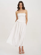 Quadiya White Cotton Seersucker Smocked Strapless Midi Dress Archive Sale