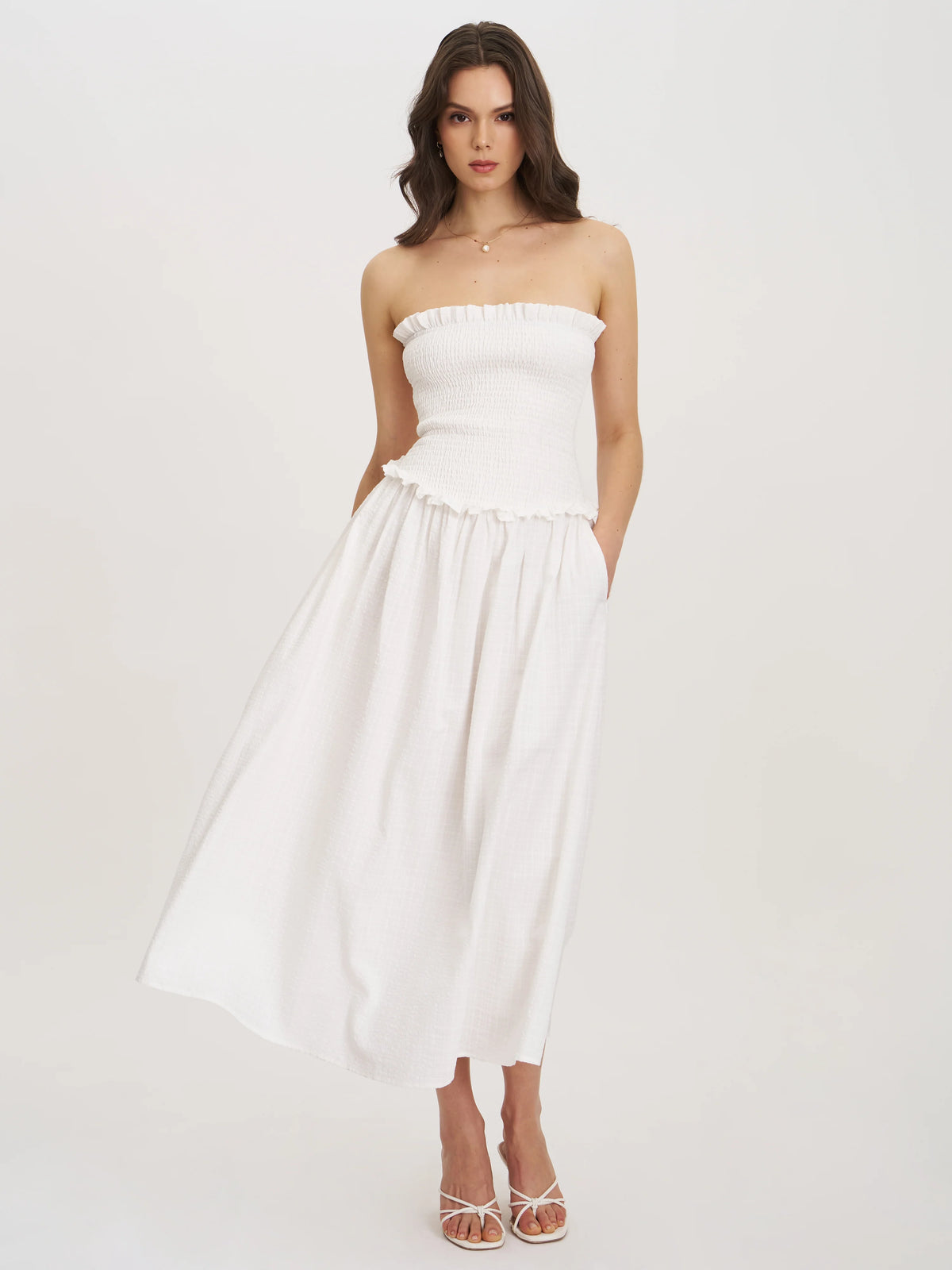 Quadiya White Cotton Seersucker Smocked Strapless Midi Dress Archive Sale