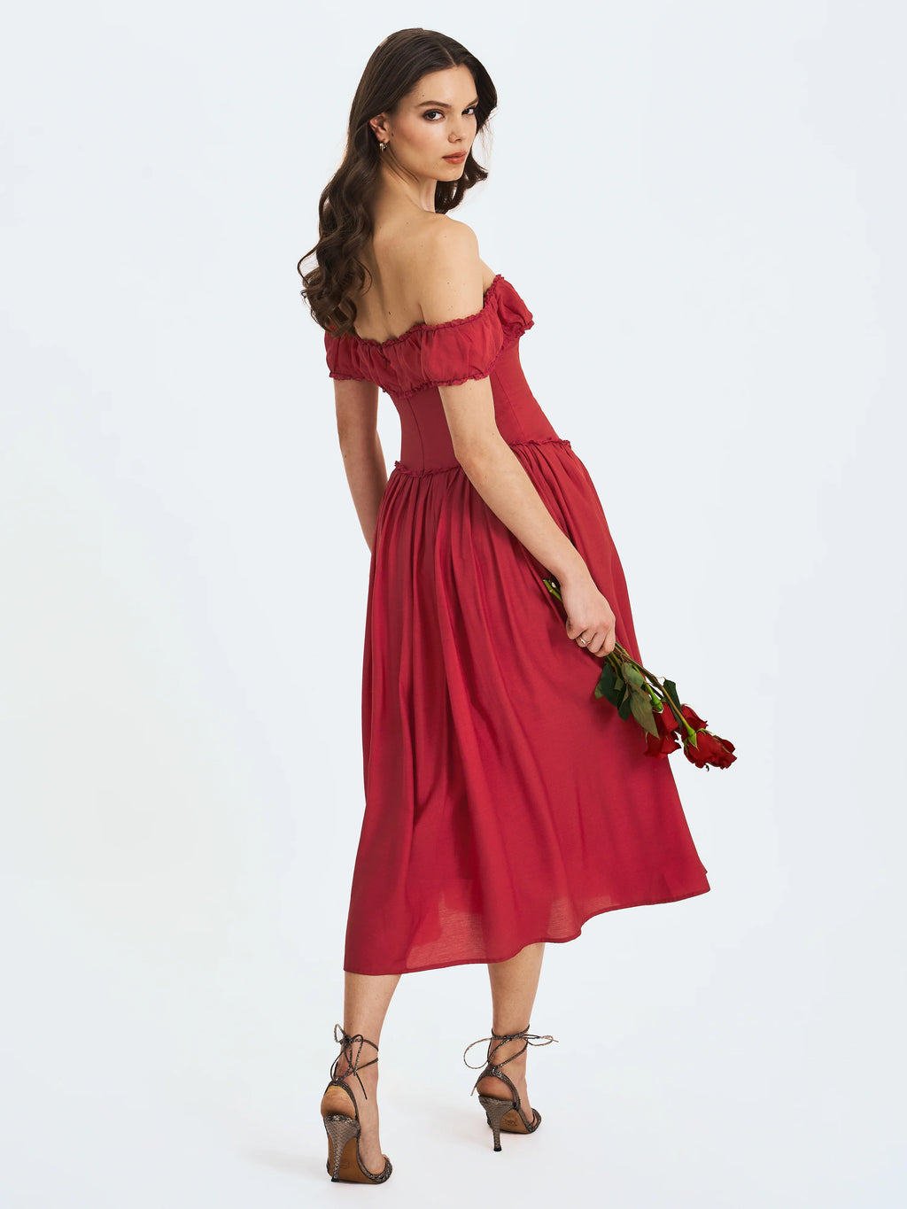Xavy Crimson Off Shoulder Corset Midi Dress