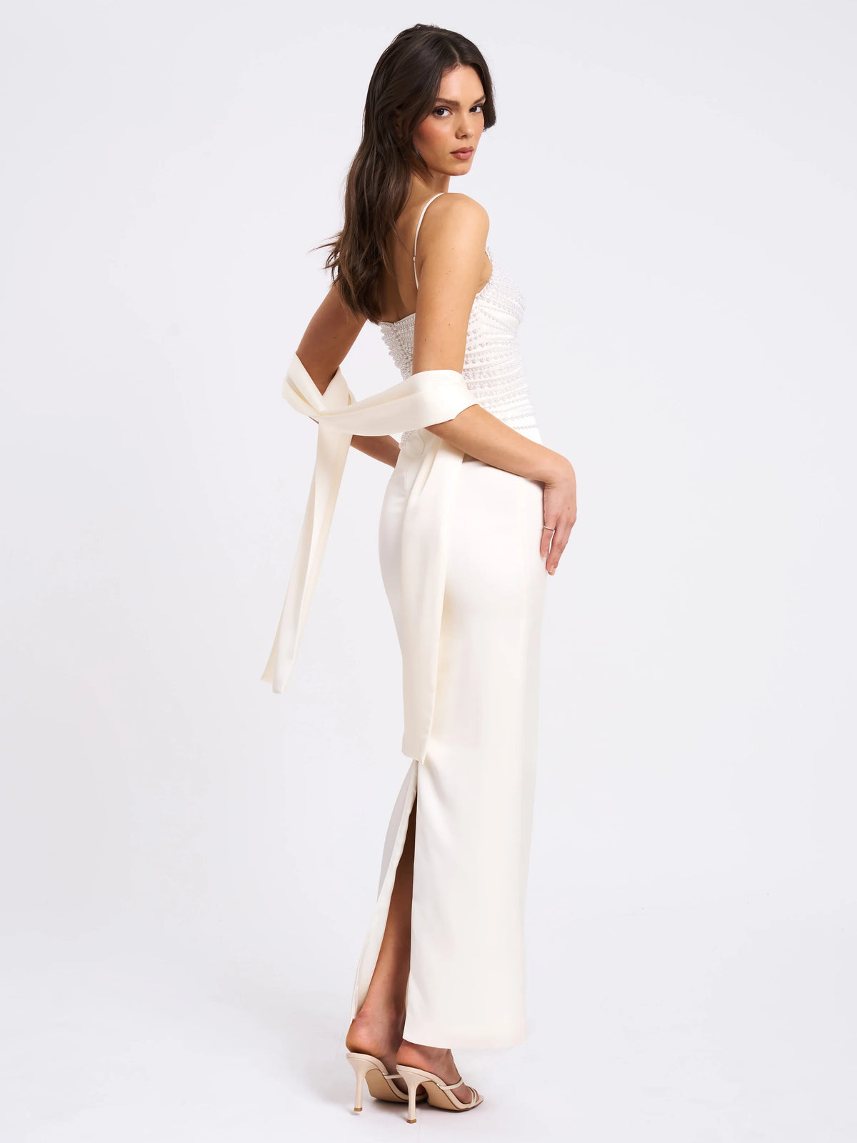 Karmen Pearl Top Pencil Slip Gown with Scarf