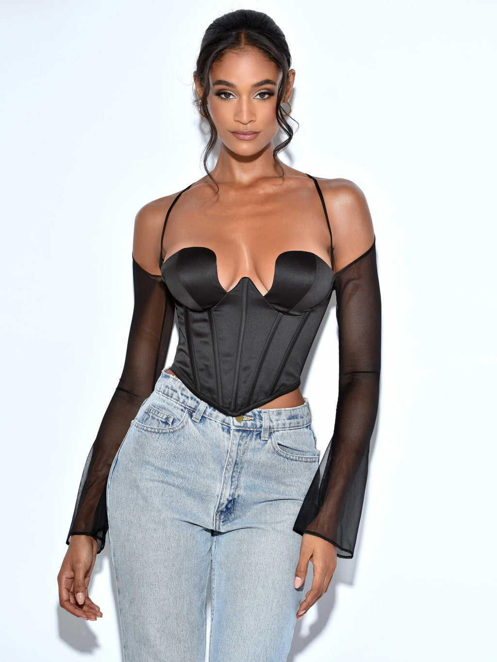 Pixie Black Mesh Sleeve Halter Corset Satin Top Archive Sale
