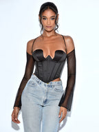 Pixie Black Mesh Sleeve Halter Corset Satin Top Archive Sale