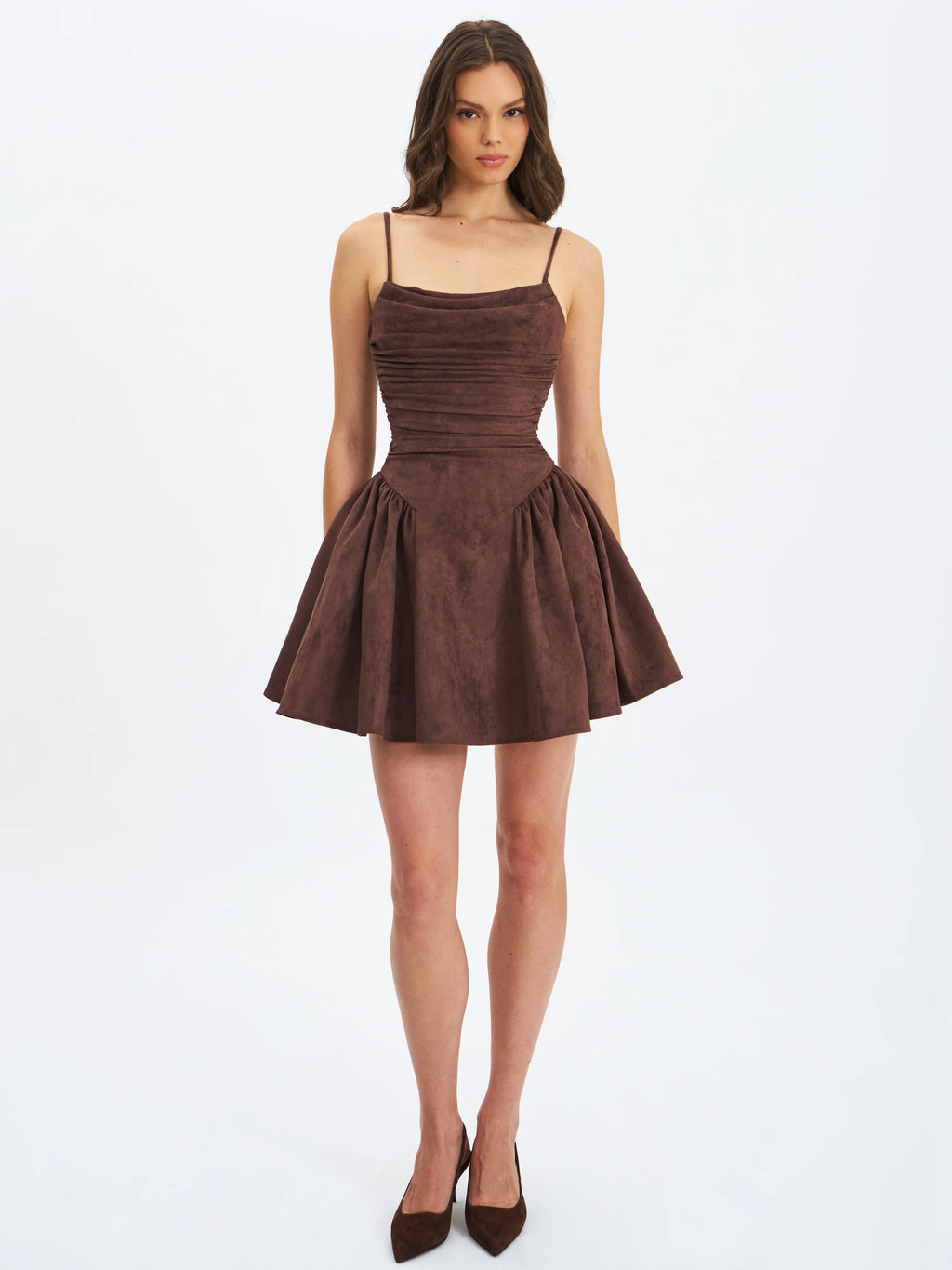 Raisa Mahogany Vegan Suede Ruched Mini Dress