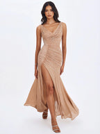 Viveca Apricot Crystal Embellished Asymmetrical Ruched Maxi Dress