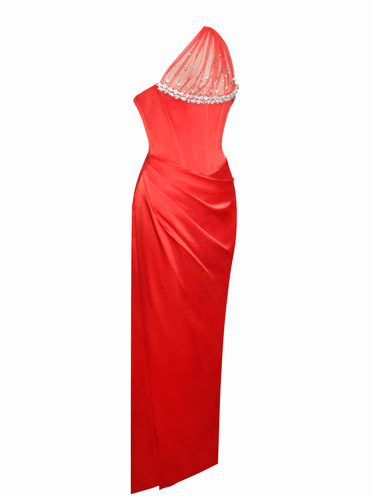 Lora Scarlet Crystal Embellished Mesh Satin Corset Gown Archive Sale