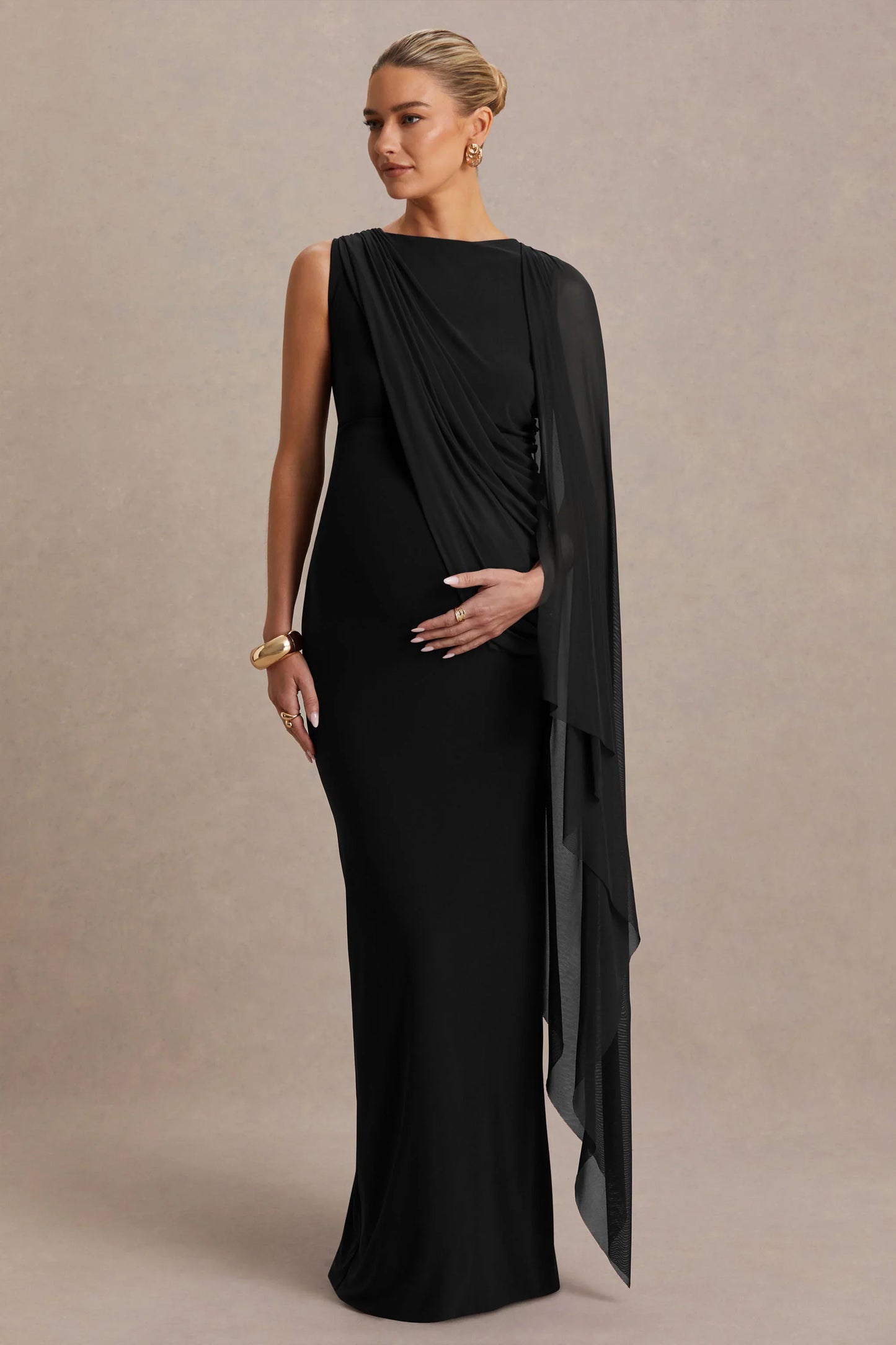 Cristina Black High Neck Maternity Maxi Dress With Cape Sleeve