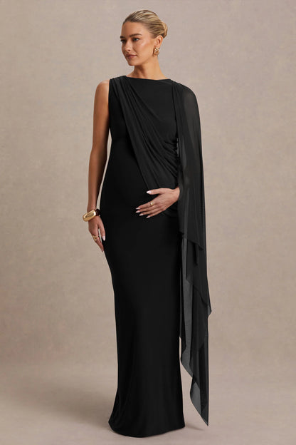 Cristina Black High Neck Maternity Maxi Dress With Cape Sleeve