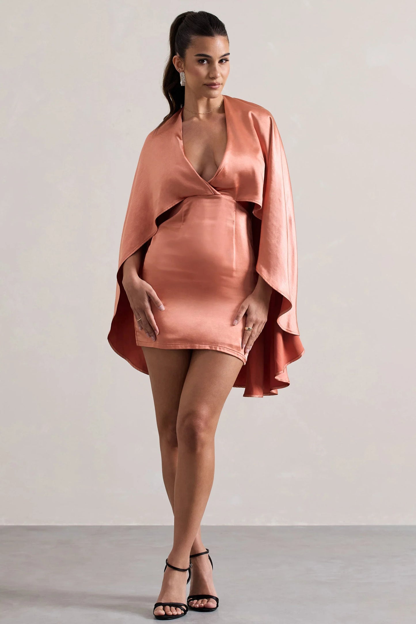 Olsen Coral Satin Plunge Neck Cape Mini Dress