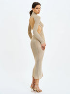 Shay Gold Stretch Knit Backless Long Sleeve Maxi Dress