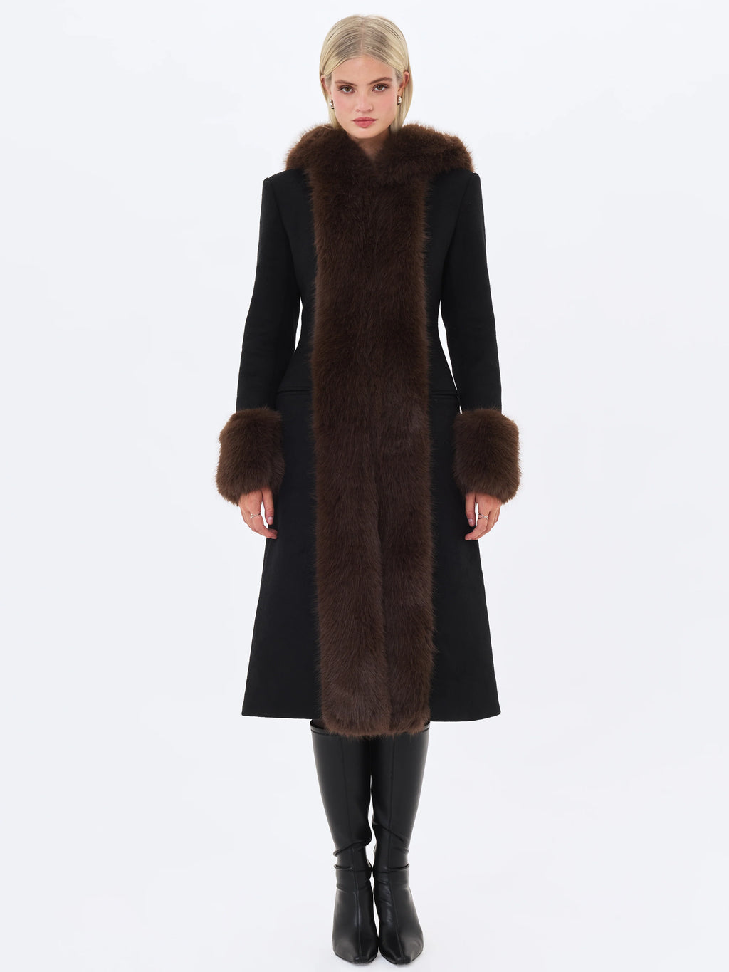 Sloan Black Wool Blend Sculpted Midi Coat with Fur Hood