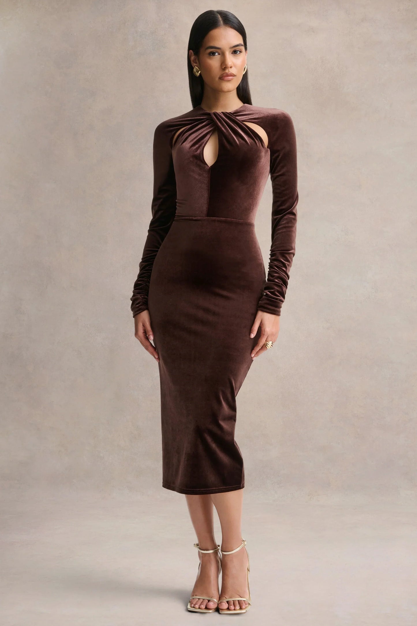 Francine Brown Velvet Round Neck Midi Dress With Cut Out Details