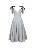 Riley Black White Striped Linen Flared Midi Dress