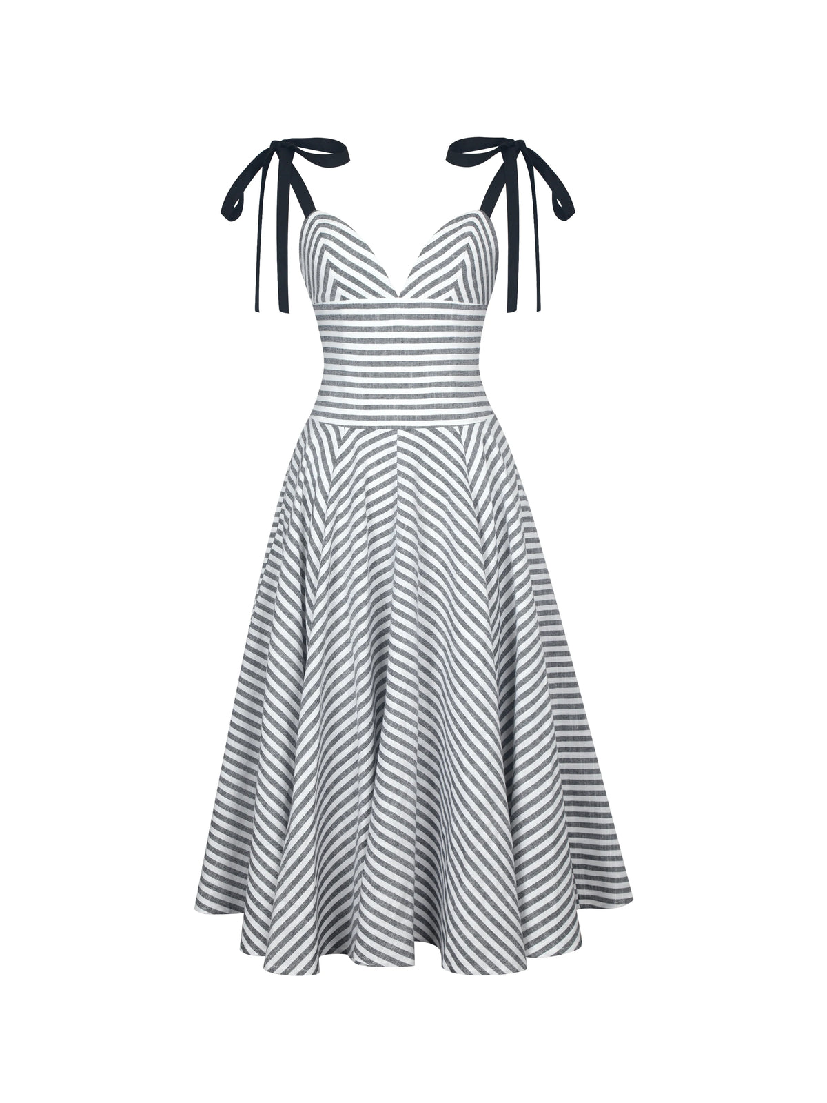 Riley Black White Striped Linen Flared Midi Dress