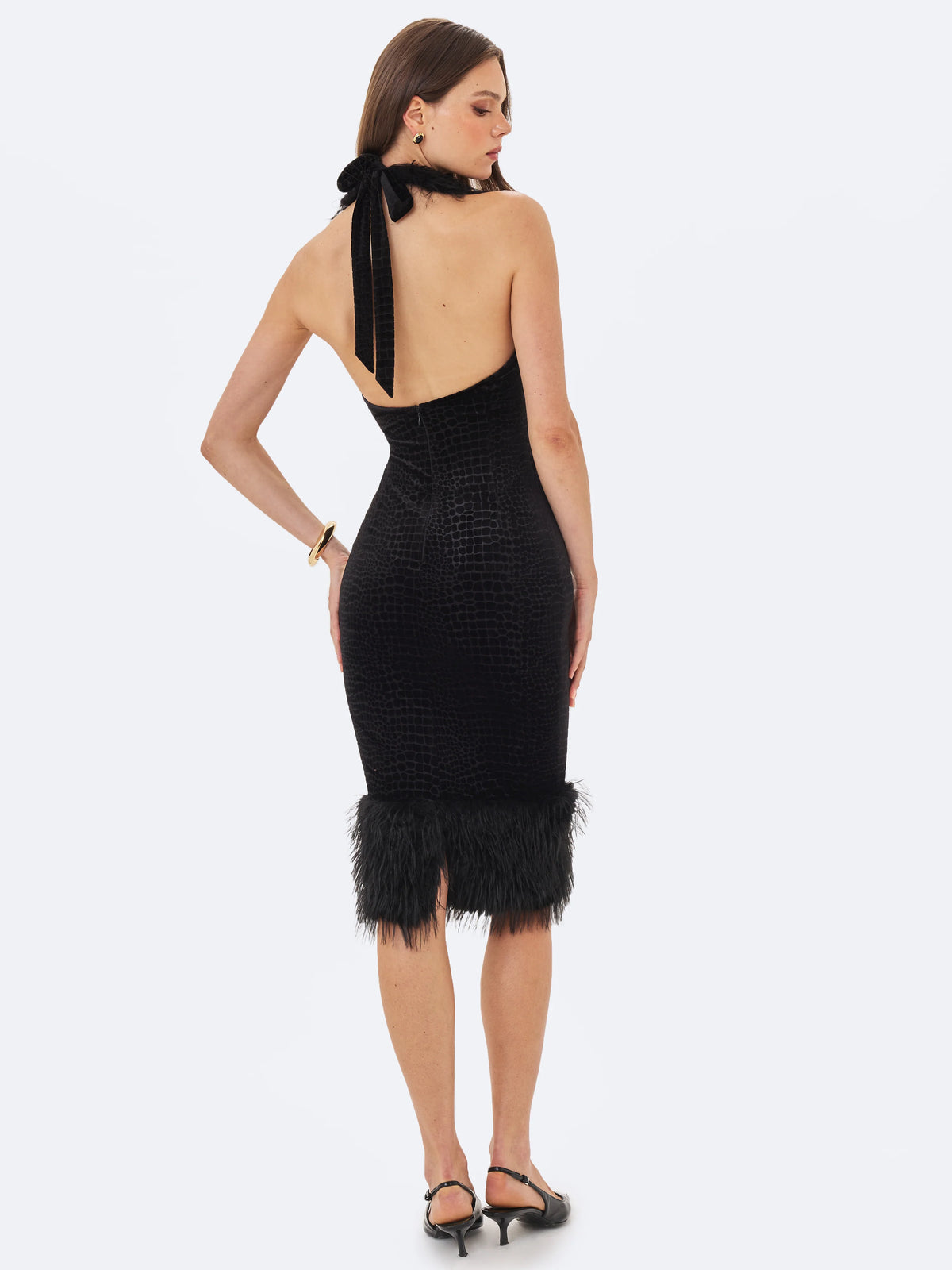 Onalee Black Croc Embossed Velvet Fur Midi Dress