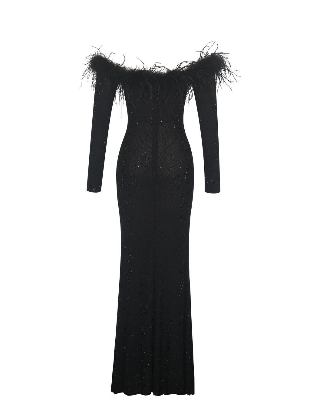 Emberly Black Fur Trimmed Off Shoulder Rhinestone Mermaid Maxi Dress