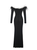 Emberly Black Fur Trimmed Off Shoulder Rhinestone Mermaid Maxi Dress