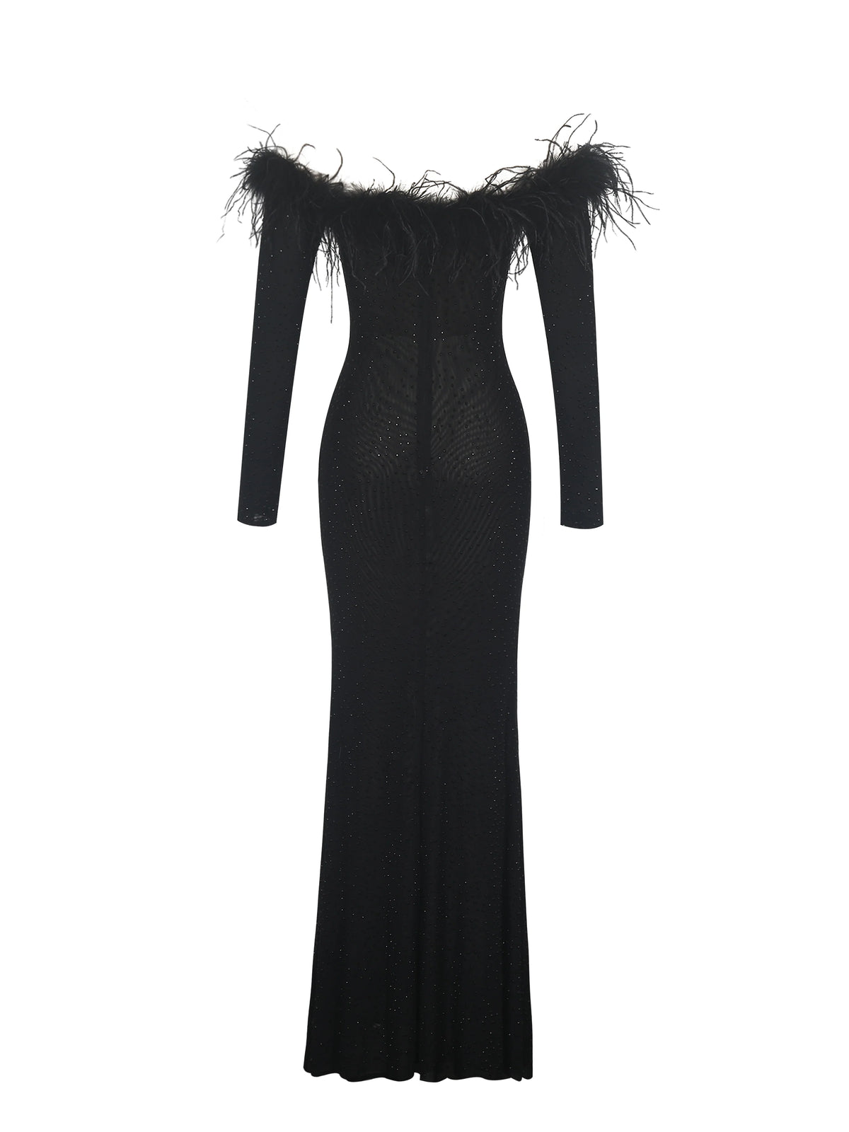 Emberly Black Fur Trimmed Off Shoulder Rhinestone Mermaid Maxi Dress