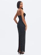 Preslie Black Satin Crystal Mesh Sheath Maxi Dress