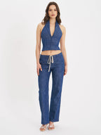 Rafaella Navy Cotton Denim Halter Lapel Top Archive Sale