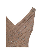 Viveca Apricot Crystal Embellished Asymmetrical Ruched Maxi Dress