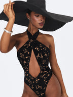Breanna Black Velvet Lace Crossover Halter Swimsuit
