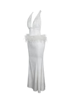 Solene Pleated Halter Backless Feather Trim Maxi Dress