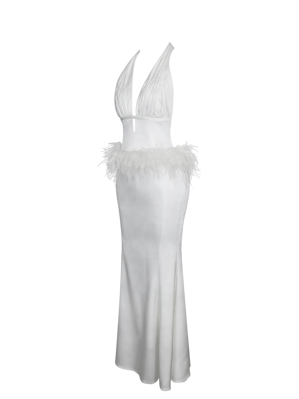 Solene Pleated Halter Backless Feather Trim Maxi Dress