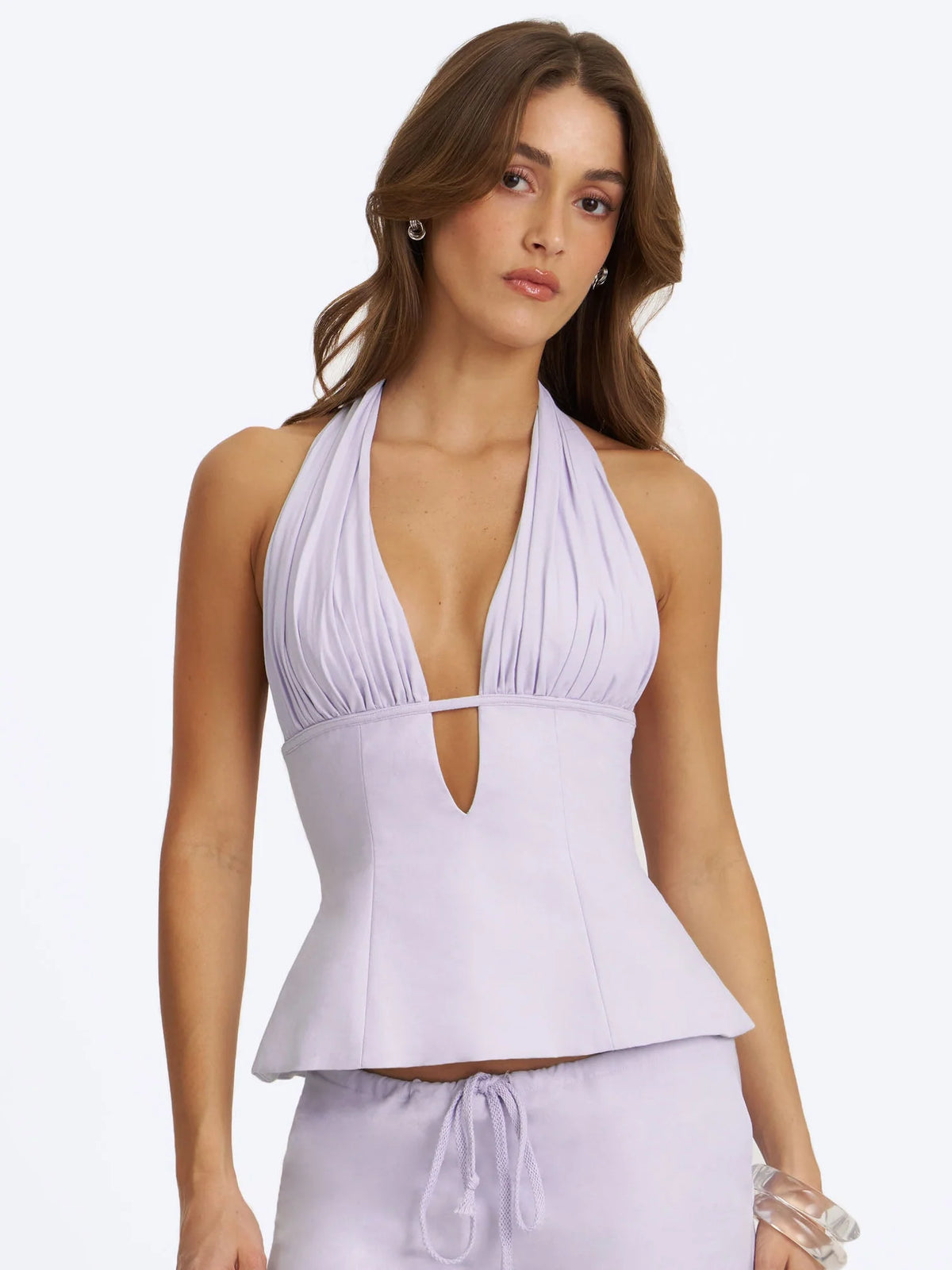 Quinzella Lavender Linen Plunging Halter Neck Top
