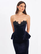 Pascha Black Lace Appliqué Strapless Peplum Midi Dress