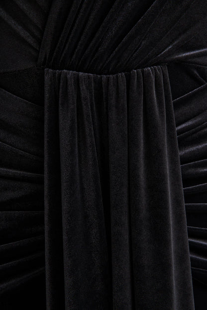 Halima Black Velvet Plunge Neck Maxi Dress With Gathered Detailing