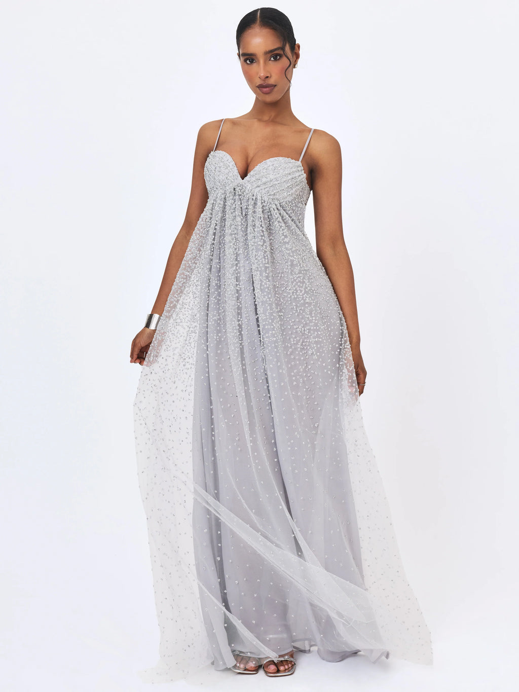 Wallie Silver Rhinestone Embellished Mesh Backless Gown
