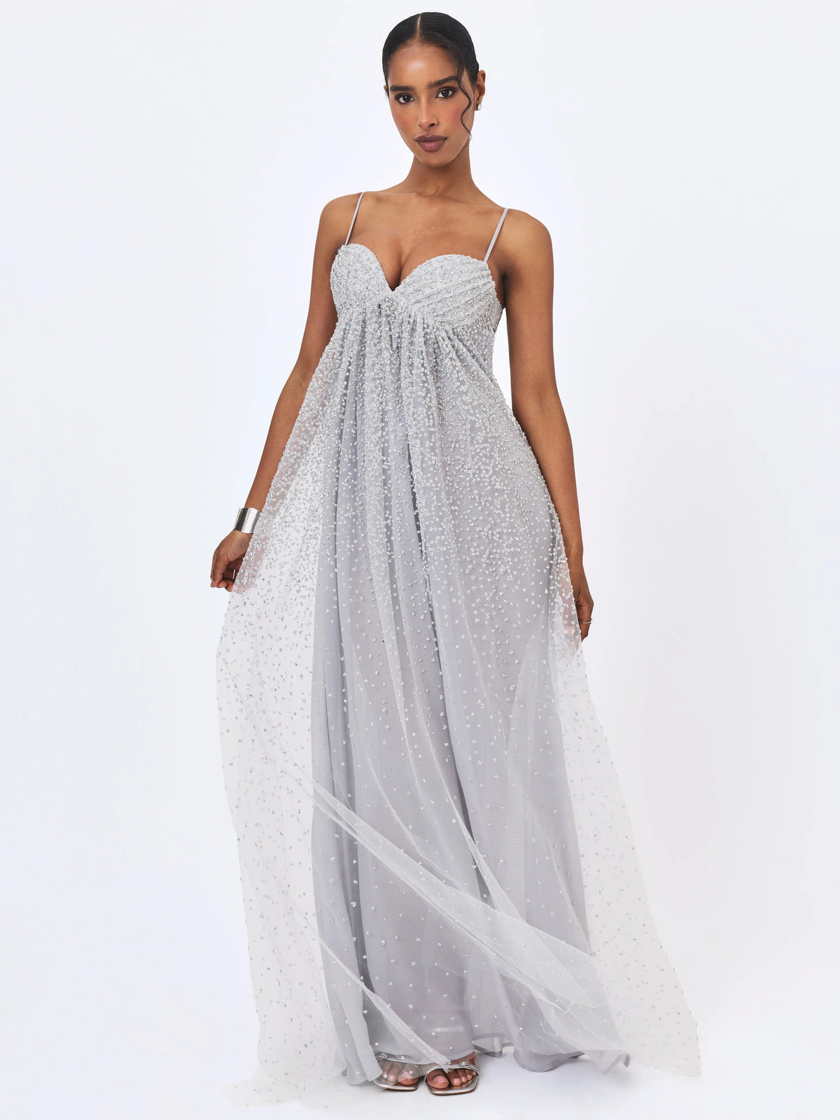 Wallie Silver Rhinestone Embellished Mesh Backless Gown