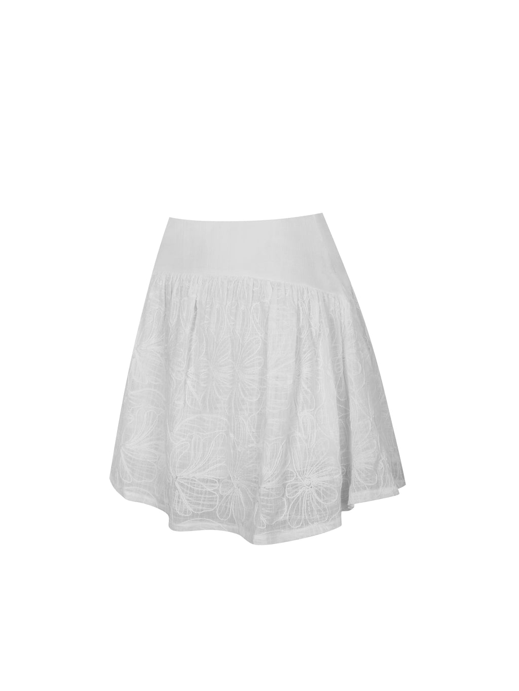 Quisha White Embroidered Cotton Gauze Gathered A Line Mini Skirt