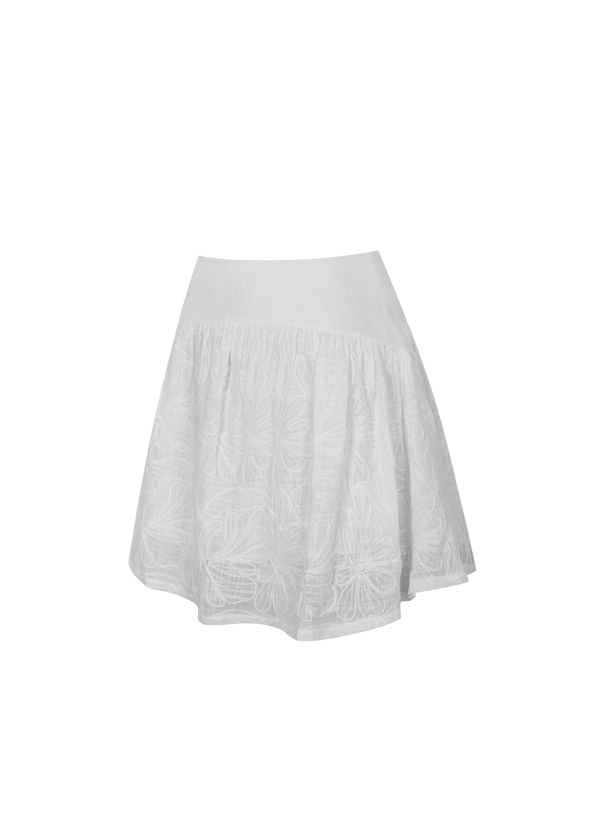 Quisha White Embroidered Cotton Gauze Gathered A Line Mini Skirt