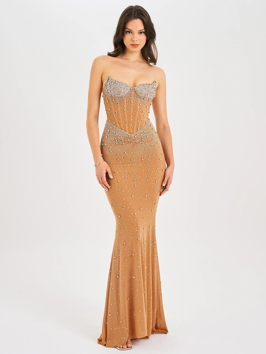 Fatima Nude Crystal Sleeveless Corset Mermaid Maxi Dress