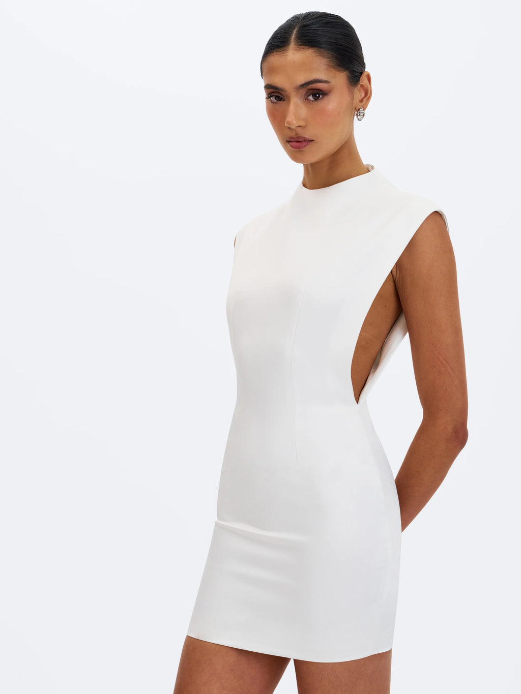 Vienna White Satin Mock Neck Mini Dress