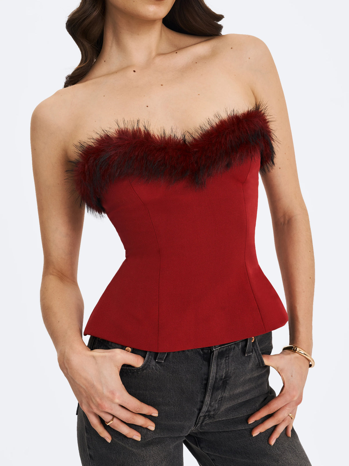 Ivette Crimson Fur Trimmed Peplum Top