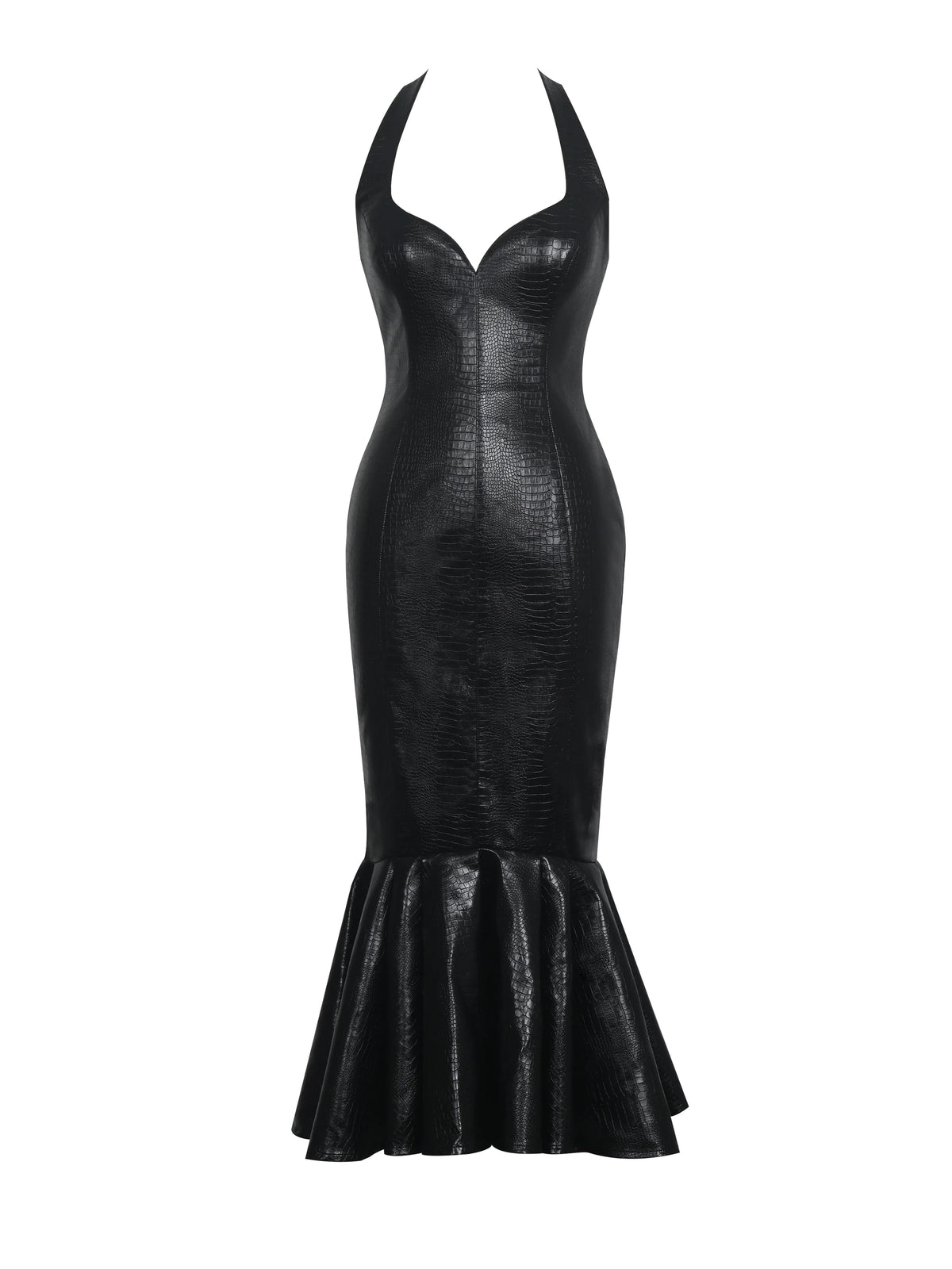 Gardenia Black Leather Midi Sweetheart Halter Flared Dress
