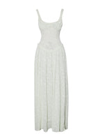 Ulissa Light Green Square Neck Jacquard Textured High Slit Maxi Dress