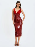 Shanelle Crimson Sequin Plunging Midi Dress
