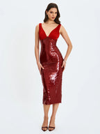 Shanelle Crimson Sequin Plunging Midi Dress