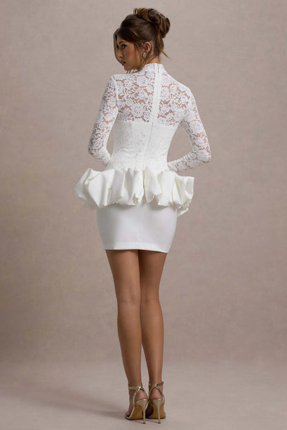 Antheia White Lace Long Sleeve Peplum Mini Dress