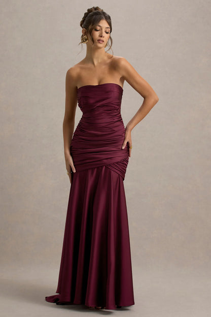 Cassidy Burgundy Satin Bandeau Gathered Maxi Dress