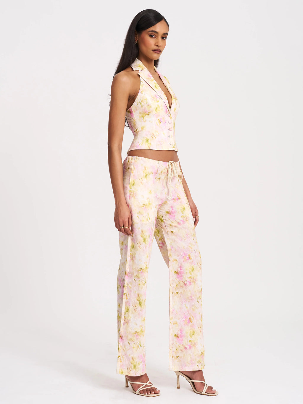 Laureen Pink Floral Print Linen Straight Pants